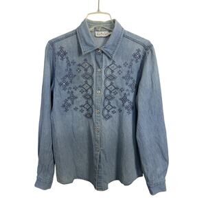 Vtg 90s Kathy Che Denim Embroidered Button Up Top Size Medium Western Rhinestone
